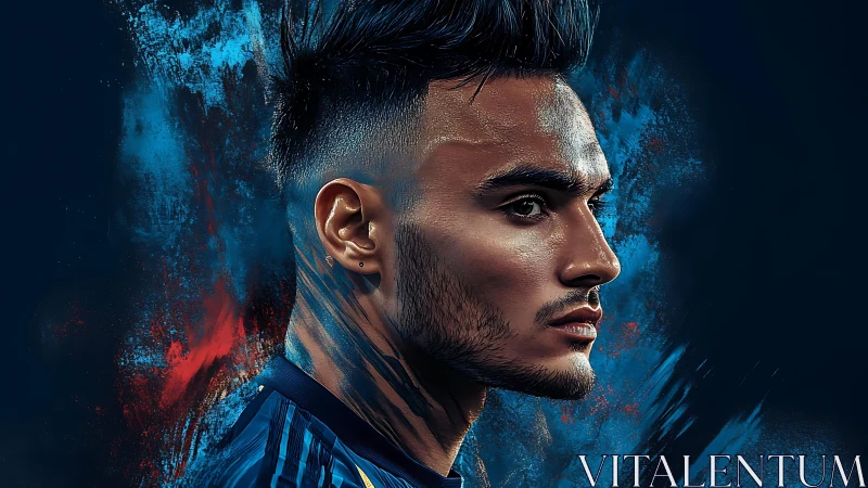 Digital portrait of intense male athlete in blue lighting.