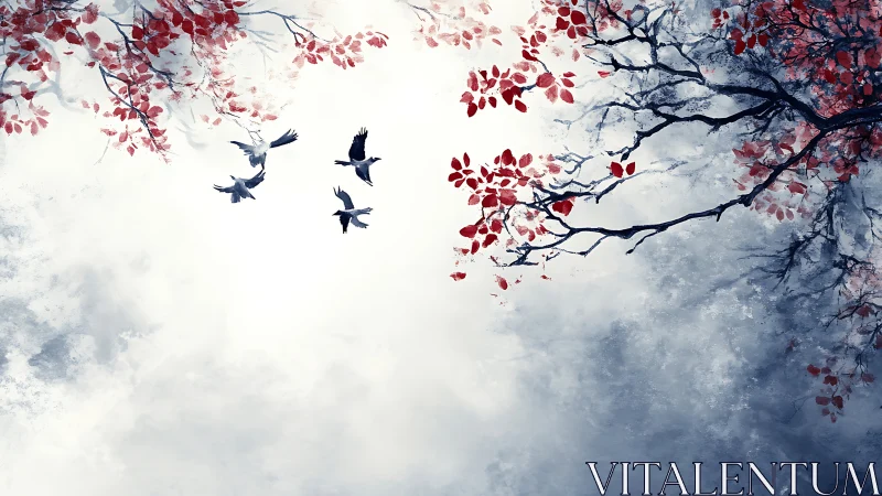 Birds fly beneath tree branches with red autumn leaves