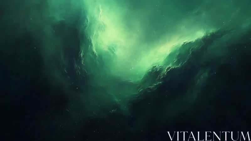 Green cosmic nebula cloud with glowing light center.