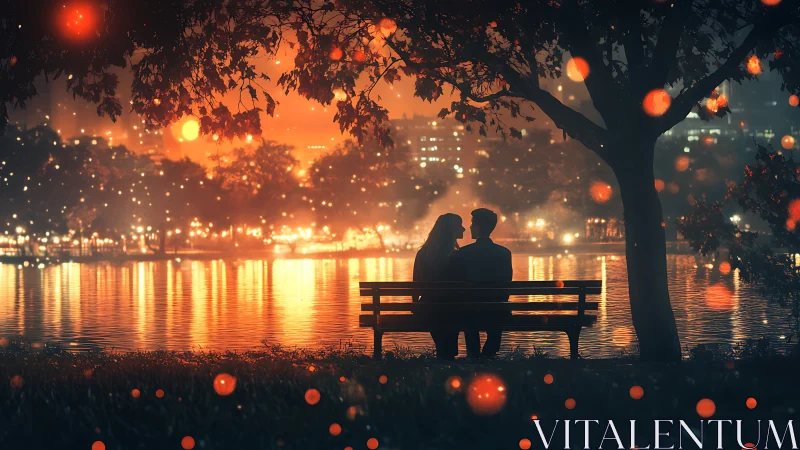 Silhouetted Couple Bench Park Bokeh Cityscape Twilight.