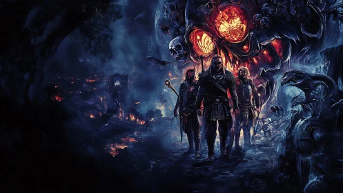 Warriors confront infernal skull over burning abyssal city.