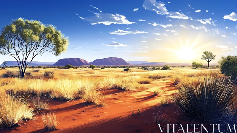 Sunlit red desert plain with spinifex grass and distant mesas