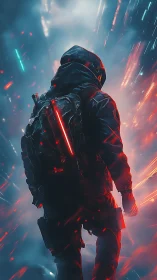 Neon-clad wanderer strides through a collapsing digital storm