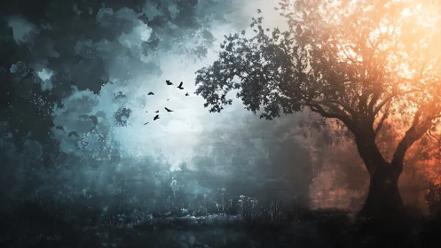 Solitary tree divides cool dusk and warm dawn light.