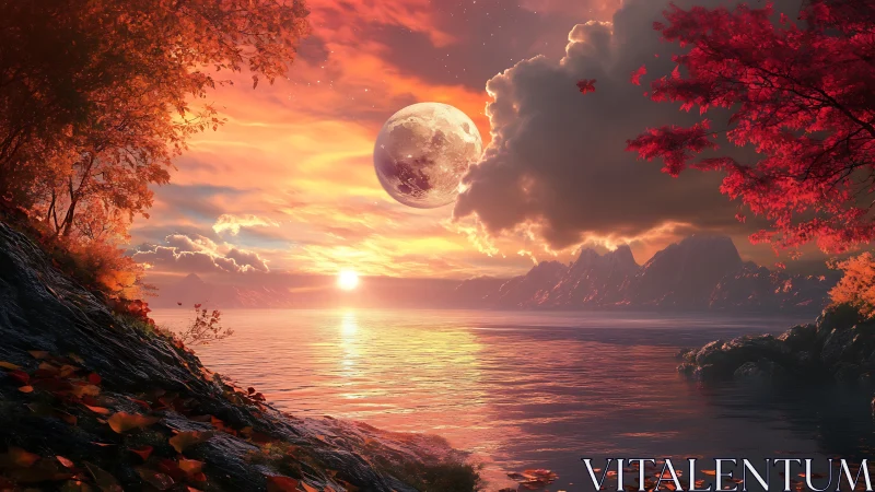 Fantasy digital seascape with autumnal lunar horizon glow.
