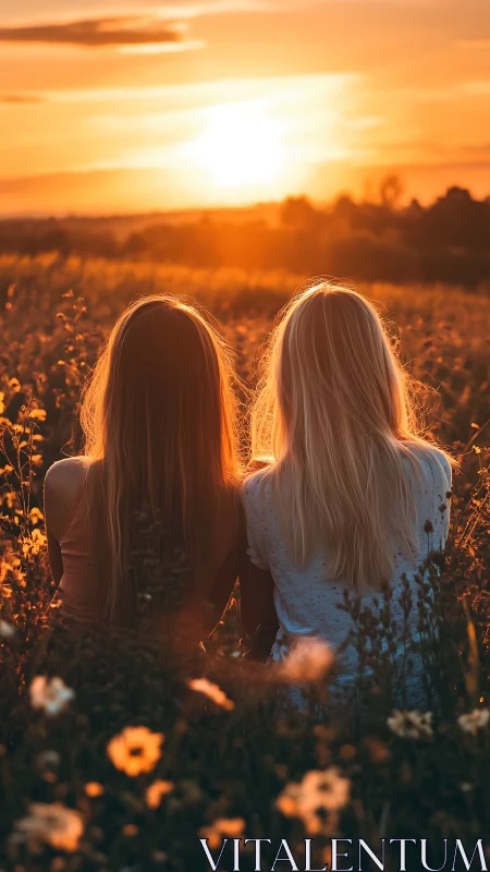 Backlit friends watching golden sunset over wildflower field.