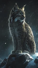 Snowy lynx sits proudly on a moonlit mountain peak