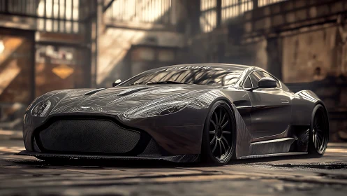 Low-slung black supercar in abandoned industrial warehouse.