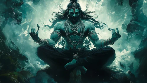 Storm-forged ascetic god meditates in swirling aquamarine fury.