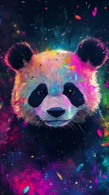 Chromatic panda portrait with neon particle field and textured fur shading