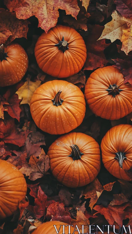 Top-down composition of small orange pumpkins on autumn leaves