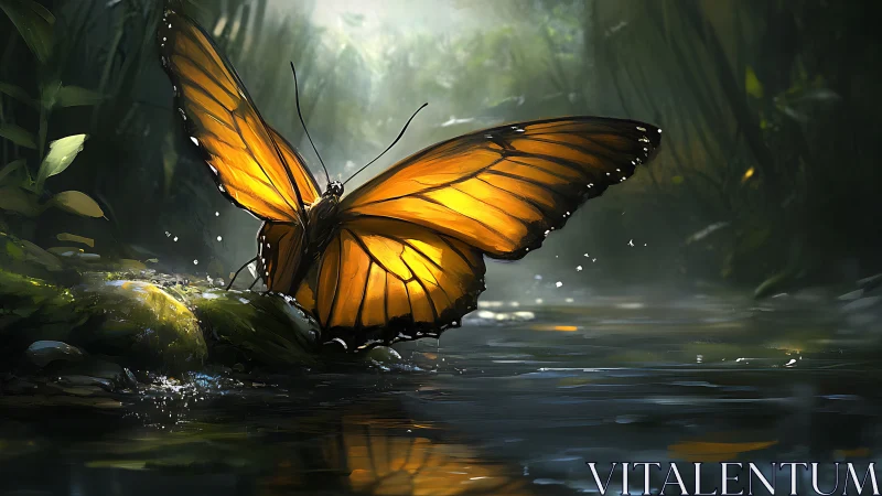 Luminous orange butterfly over rippling rainforest stream.