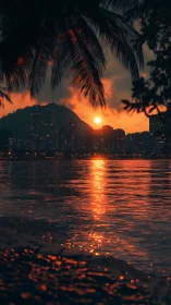 Urban coastline sunset with reflective specular water trail.