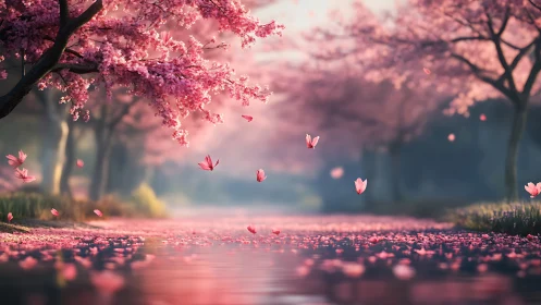 Cherry blossoms lining calm river with drifting petals.