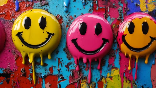 Dripping smiley emoji reliefs on multicolored graffiti wall