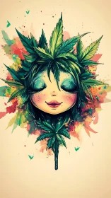 Whimsical leaf-crowned girl portrait with vibrant splatter background