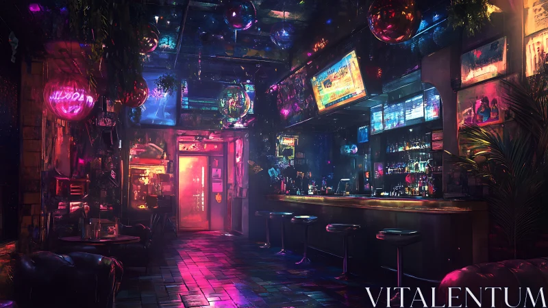 Neon cyberpunk bar interior with glowing holographic decor.