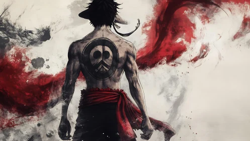 Back view warrior with skull tattoo in red ink storm.