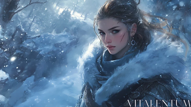 Winter warrior woman in fur cloak under falling snowstorm.