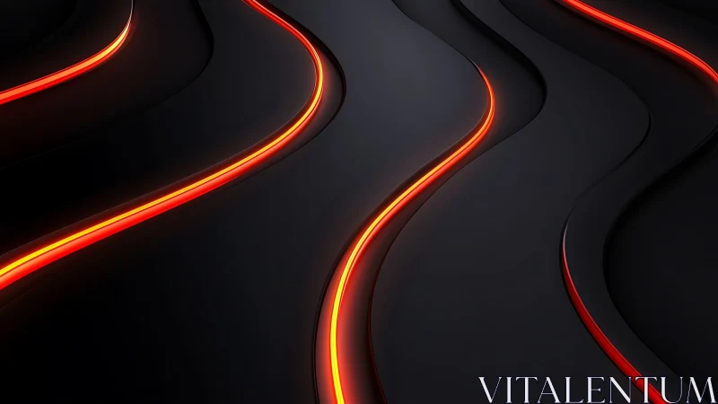 Curved black surfaces intersect glowing red light strips