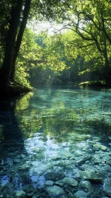 Clear forest river with stones and dappled sunlight reflection.