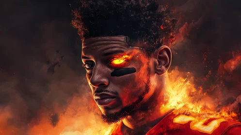 Fiery gridiron warrior portrait with molten cyber eye glow.