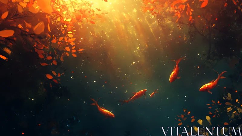 Koi fish swim under warm filtered sunlight between leaves