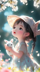 Springlit daydream girl cradling a bright-eyed bunny friend.