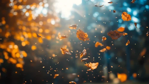 Golden autumn leaves swirl gently through glowing forest light.