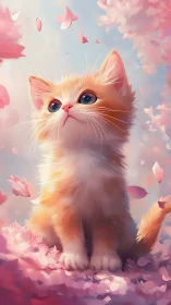 Ethereal Kitten Portrait: Soft Rendered Cat Amid Luminescent Petals.