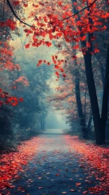 Crimson canopy envelops misty woodland path.