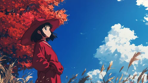 Girl in red coat gazes at autumn sky under bright clouds.