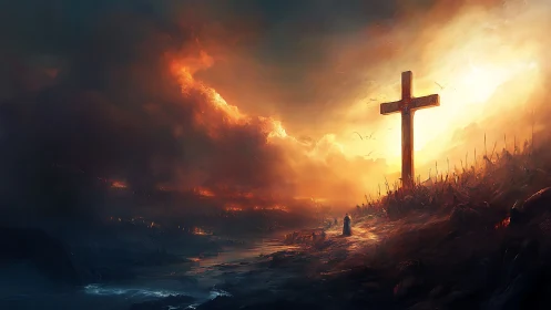 Apocalyptic battlefield converges beneath a radiant monumental cross