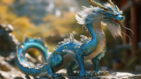Blue scaled oriental dragon in sunlit temple courtyard.