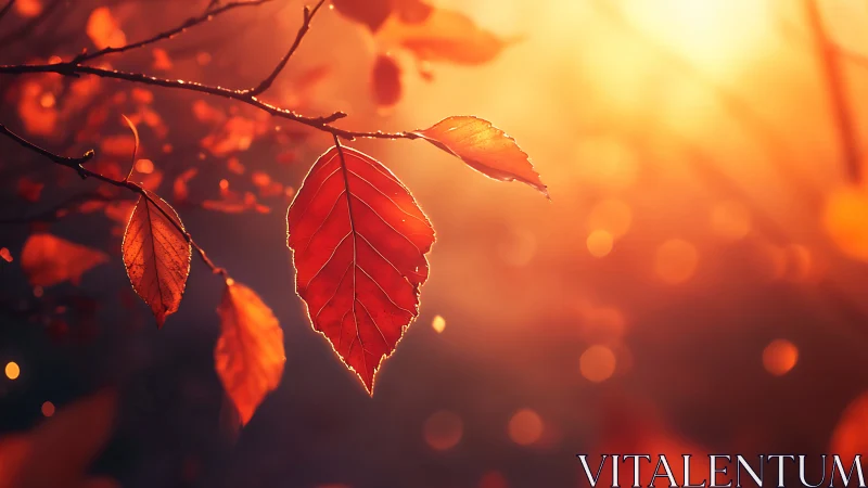 Sunlit autumn leaves in warm orange evening glow.