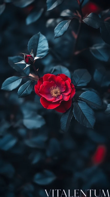 Red Rose Bloom with Cinematic Blue-Tinted Bokeh Foliage