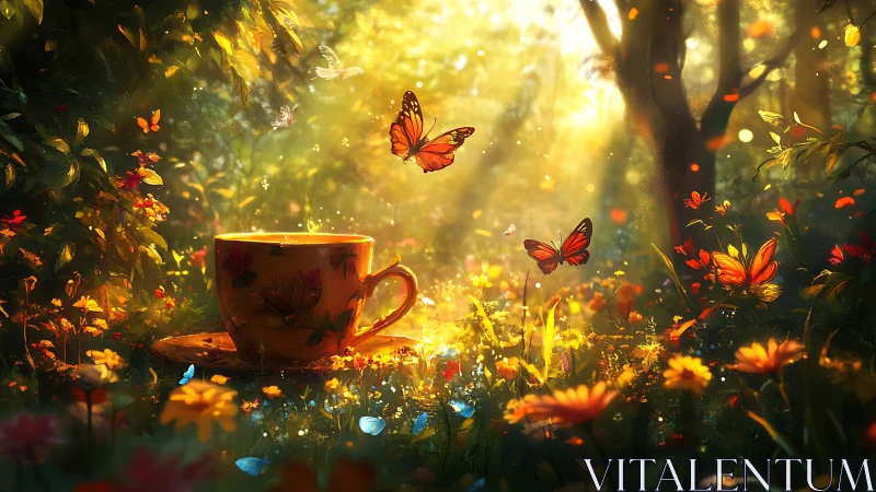 Teacup in sunlit flower meadow with butterflies in motion.