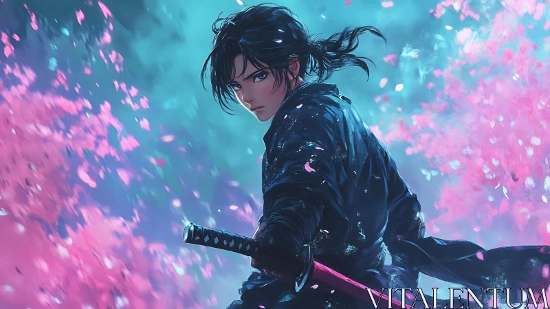 Samurai figure with drawn katana amid pink petals and haze.