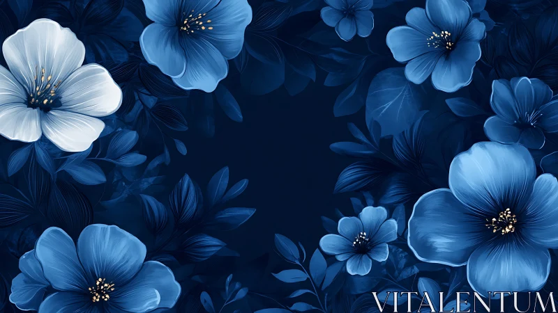 Blue Floral Composition with White Accent Blooms.