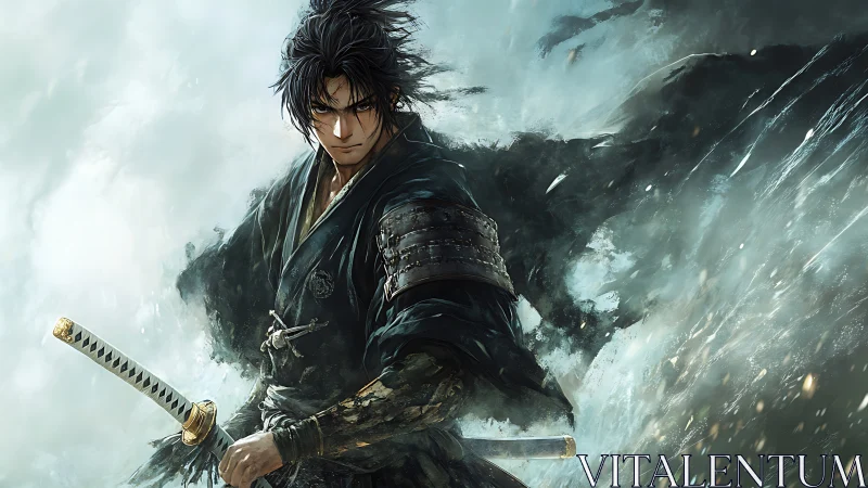 Stoic samurai advances through storm-swept mist in dynamic motion