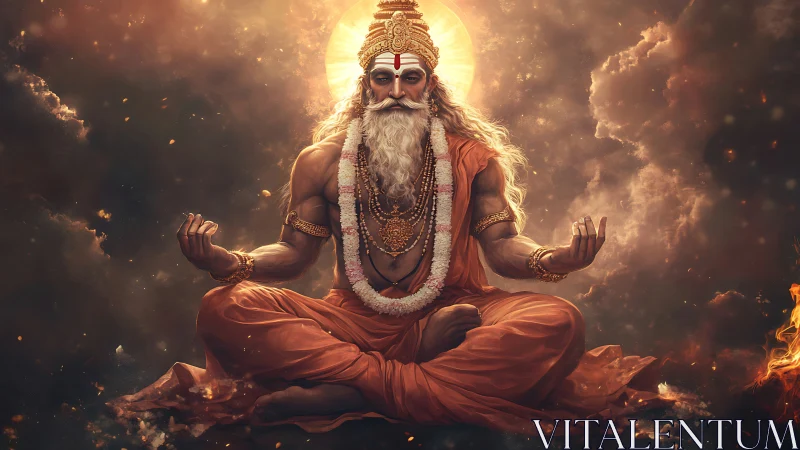 Radiant sage in lotus pose under celestial golden halo.