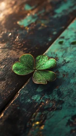 Four leaf clover on weathered teal wooden surface. Period.