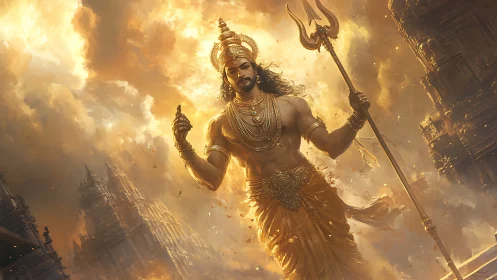 Radiant warrior deity strides through golden temple skies