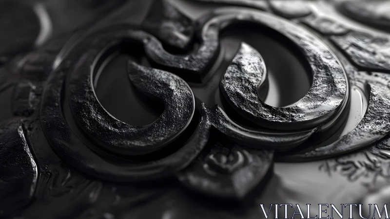Close-up of Textured Black Metal Om Symbol in Modern 3D Style.