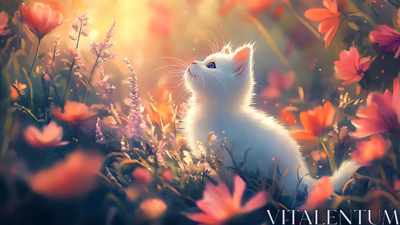 White Feline Subject Positioned Among Warm-Toned Flowers With Backlighting Effects