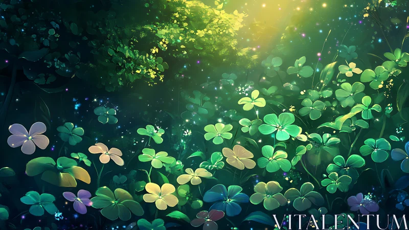 Glowing clover meadow shimmers under soft enchanted light