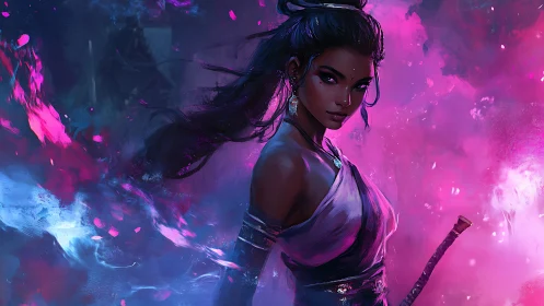 Warrior sorceress in neon mist with dynamic brushwork.