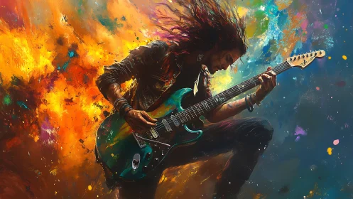 Electric guitarist erupts in color as bold sound fills the air