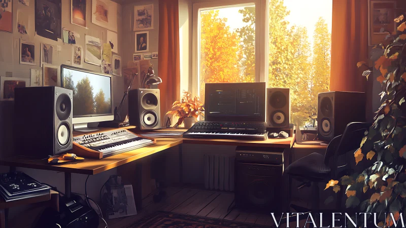Autumn-lit digital music studio integrates warm ambient lighting