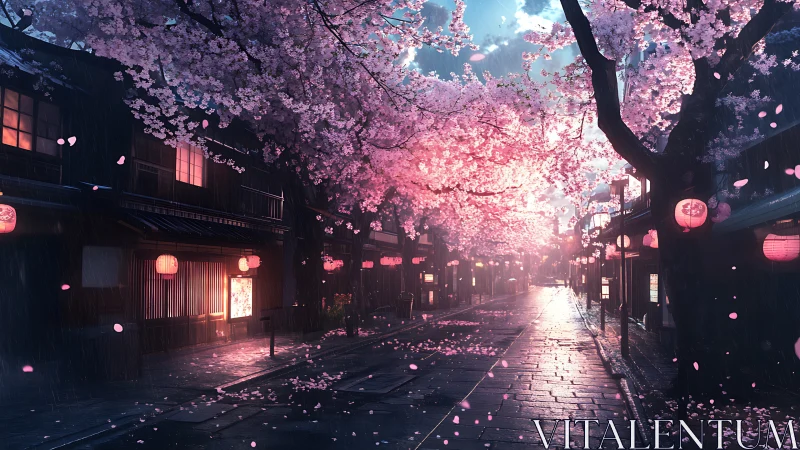 Cherry blossom street with lanterns on a rainy evening.